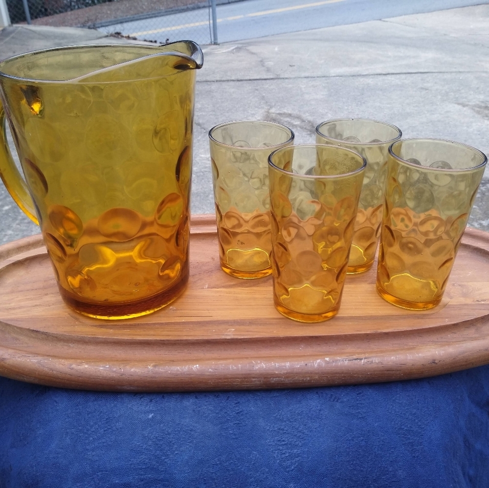 1940s Amber thumbprint pitcher tumbler set
